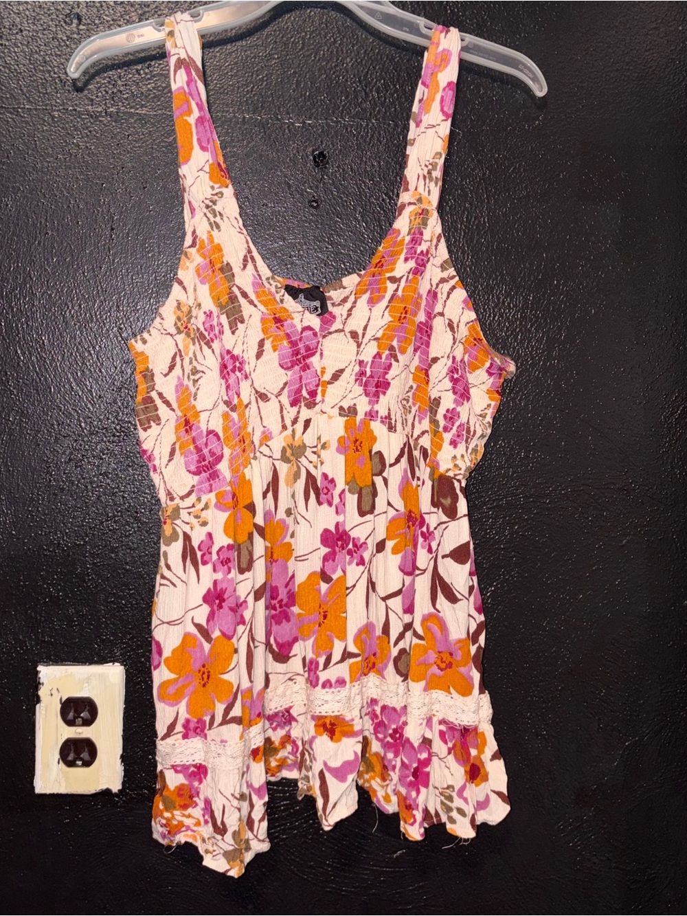 Angie Women’s Floral Smocked Tank Top in White with Pink & Orange Flowers 2x